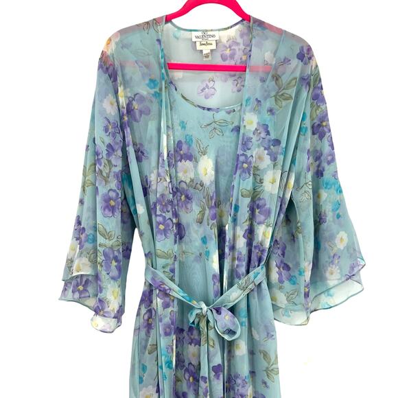 VTG Valentino Intimo Blue Floral Lingerie Gown Matching Robe 2 PC Set Petite NEW - Picture 2 of 16